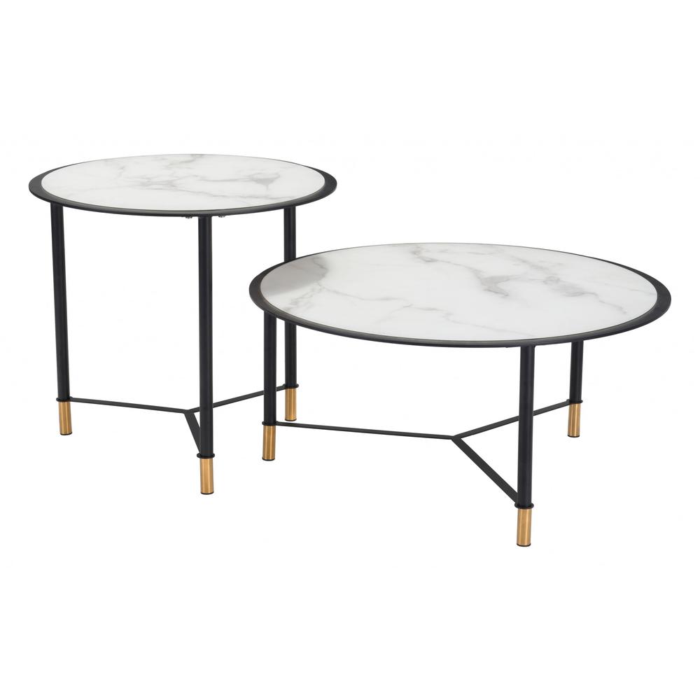 Set Of Two 32" Black And White Faux Marble Glass Round Coffee Tables. Picture 3