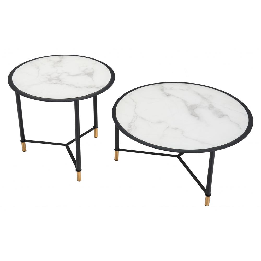 Set Of Two 32" Black And White Faux Marble Glass Round Coffee Tables. Picture 4