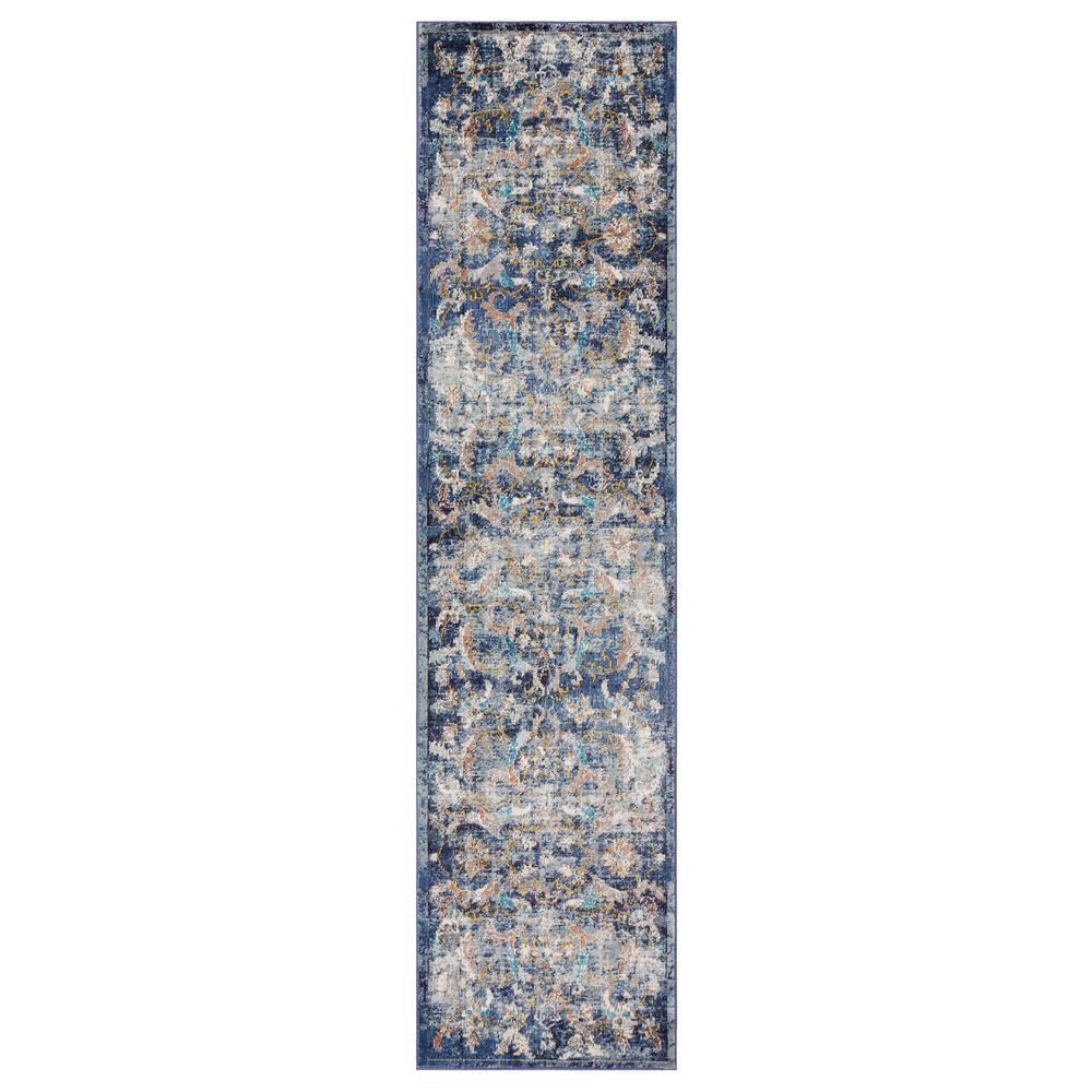 2’ x 9’ Blue and White Jacobean Pattern Runner Rug Polypropylene. Picture 1