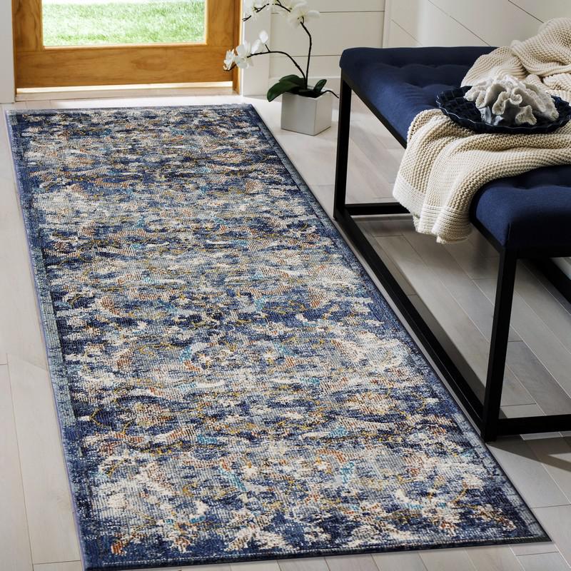 2’ x 9’ Blue and White Jacobean Pattern Runner Rug Polypropylene. Picture 7