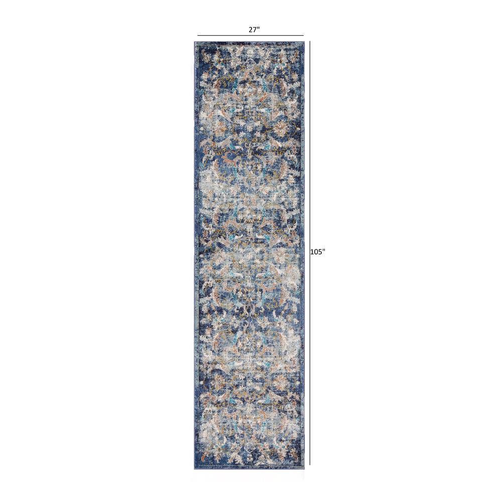 2’ x 9’ Blue and White Jacobean Pattern Runner Rug Polypropylene. Picture 8