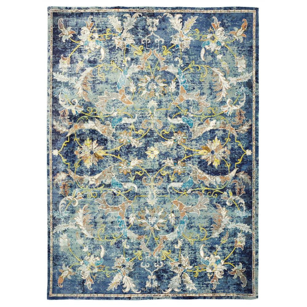 4’ x 6’ Blue and White Jacobean Pattern Area Rug Polypropylene. Picture 1