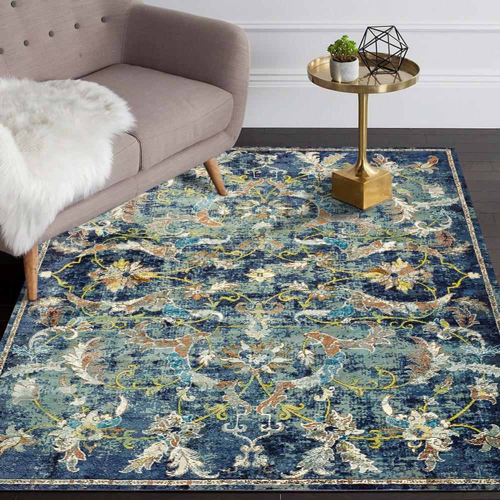 4’ x 6’ Blue and White Jacobean Pattern Area Rug Polypropylene. Picture 8