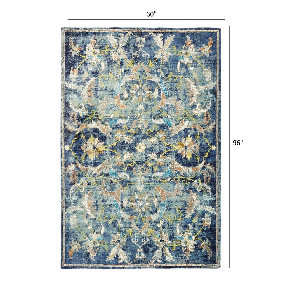 5’ x 8’ Blue and White Jacobean Pattern Area Rug Polypropylene. Picture 9