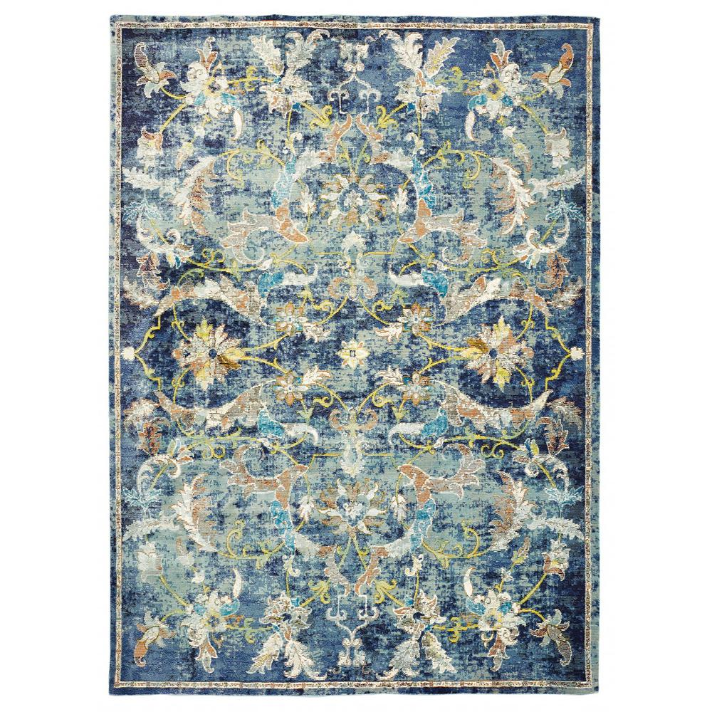 8’ x 10’ Blue and White Jacobean Pattern Area Rug Polypropylene. Picture 1