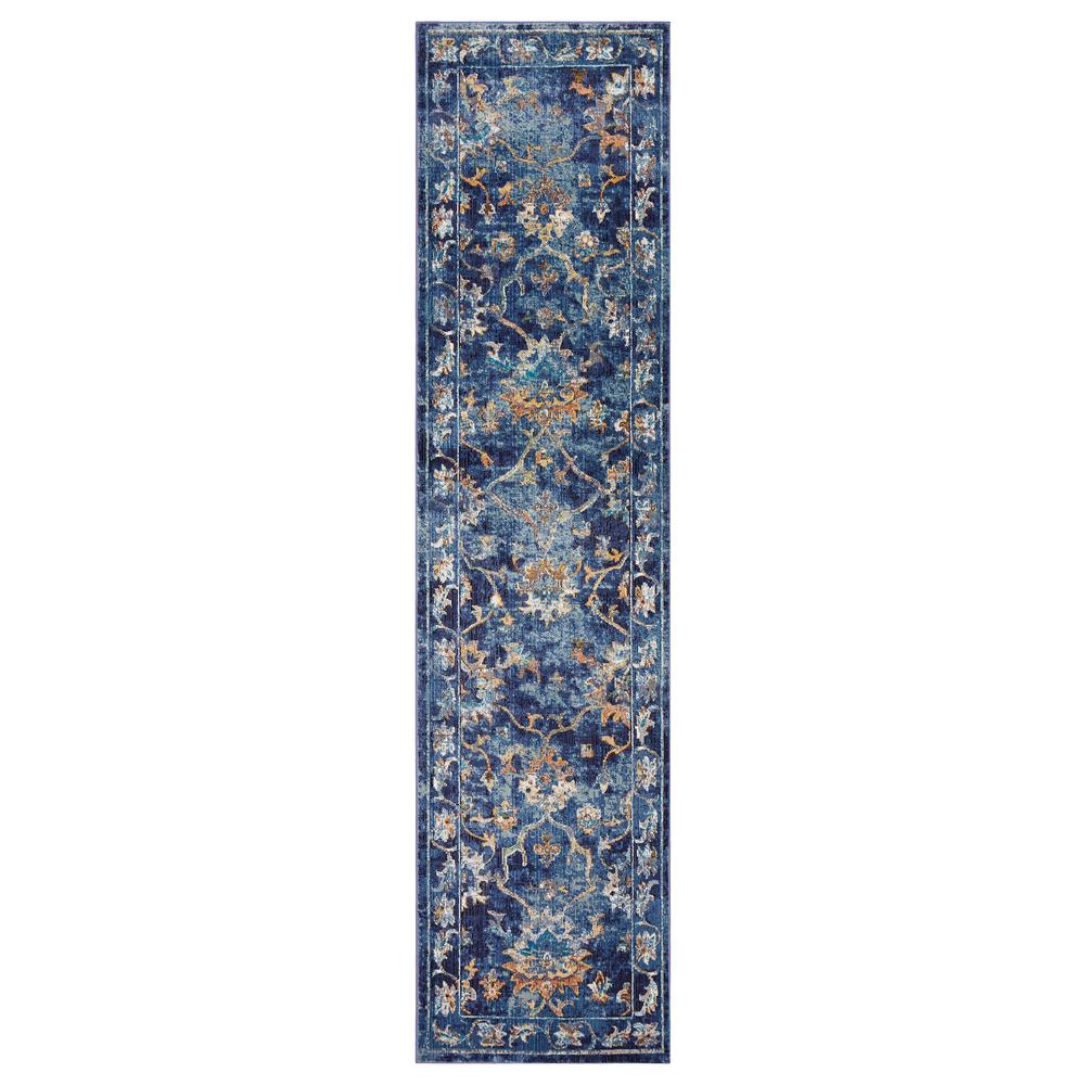 2’ x 9’ Blue and Gold Jacobean Runner Rug Polypropylene. Picture 1