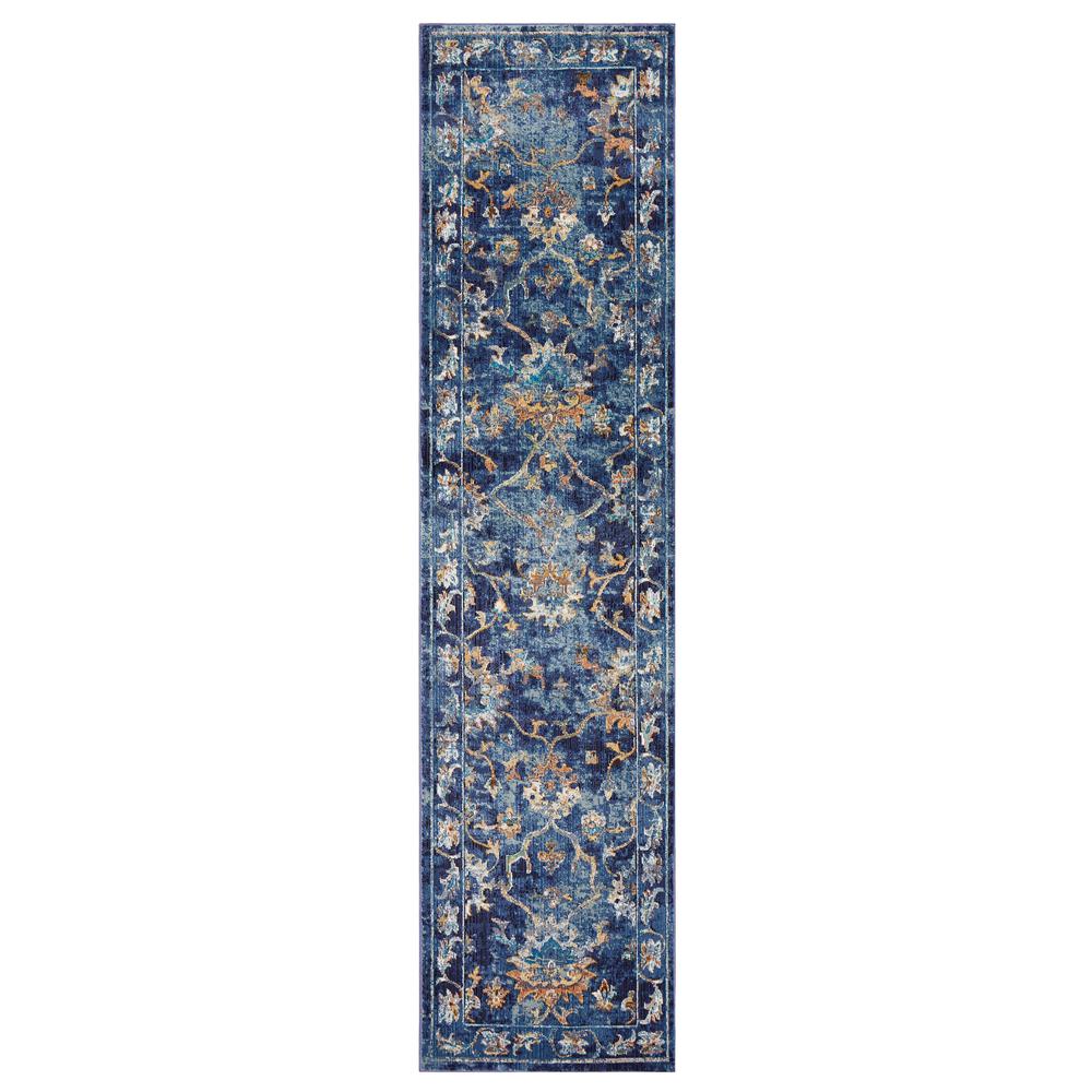 2’ x 9’ Blue and Gold Jacobean Runner Rug Polypropylene. Picture 9