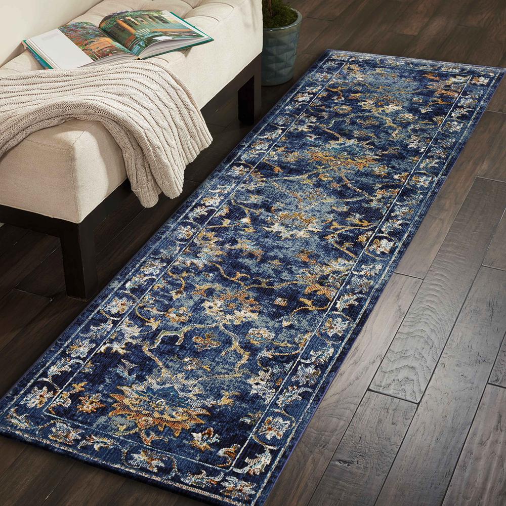 2’ x 9’ Blue and Gold Jacobean Runner Rug Polypropylene. Picture 7