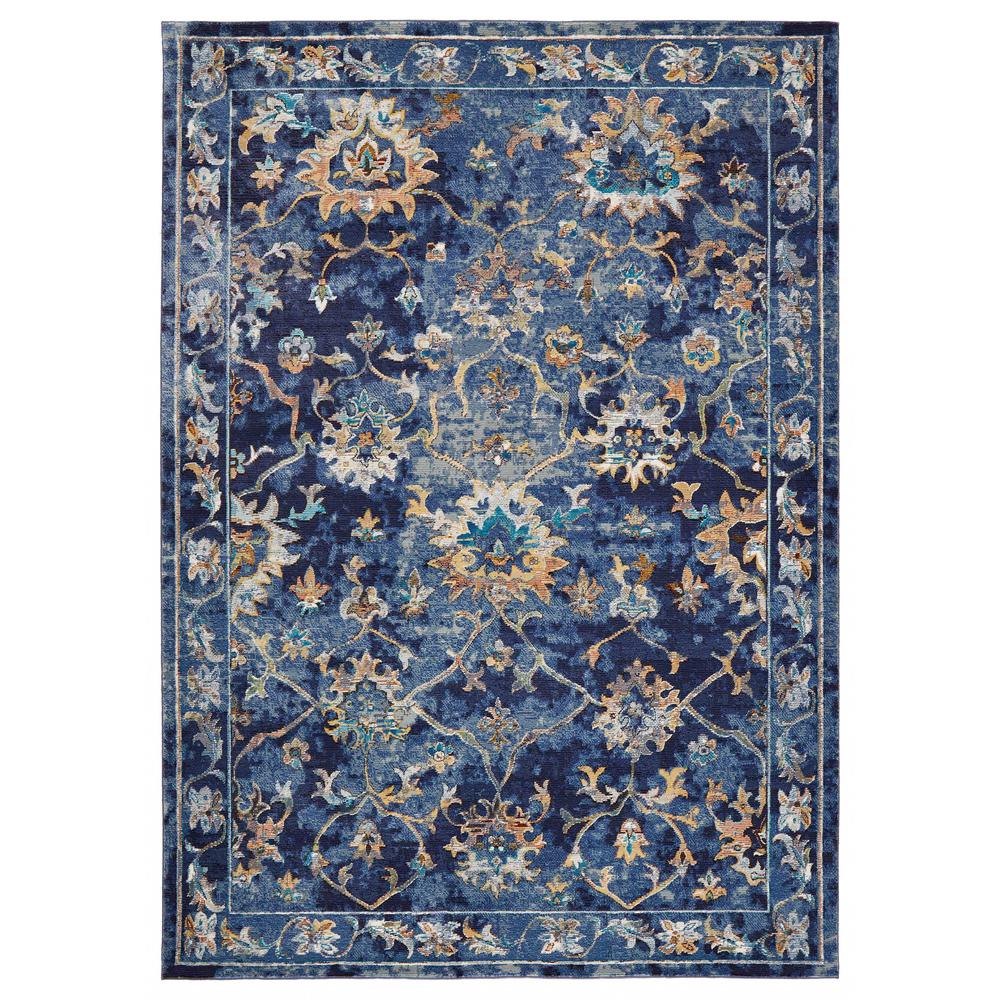 4’ x 6’ Blue and Gold Jacobean Area Rug Polypropylene. Picture 1