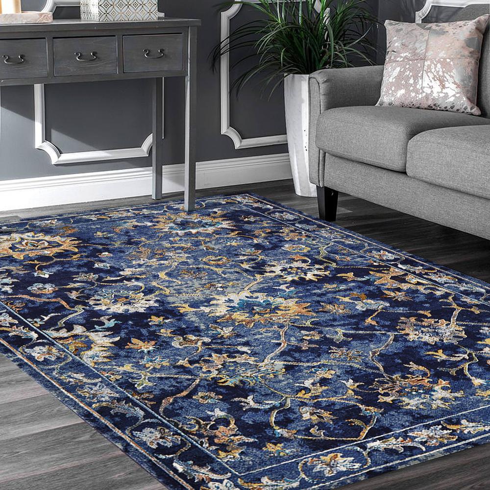 4’ x 6’ Blue and Gold Jacobean Area Rug Polypropylene. Picture 8