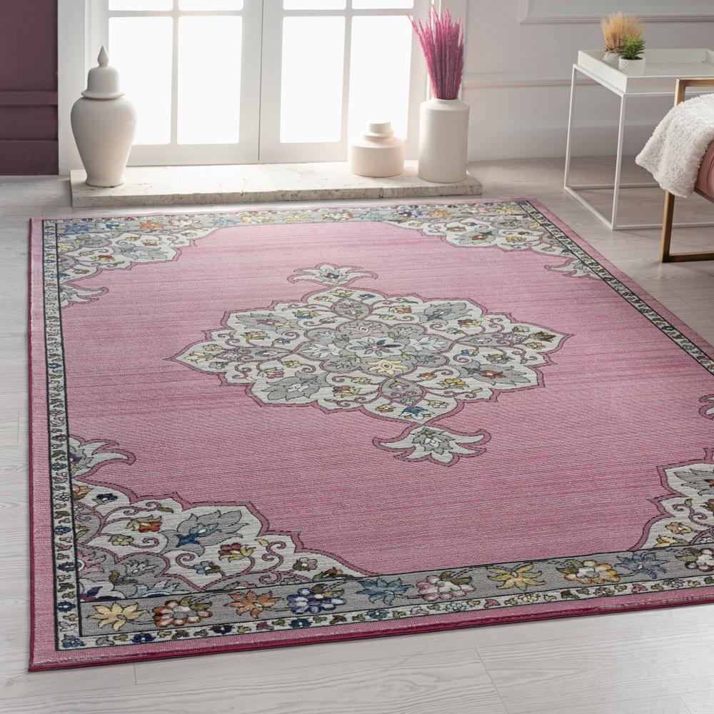 5’ x 8’ Pink Traditional Medallion Area Rug 100% Polypropylene. Picture 7