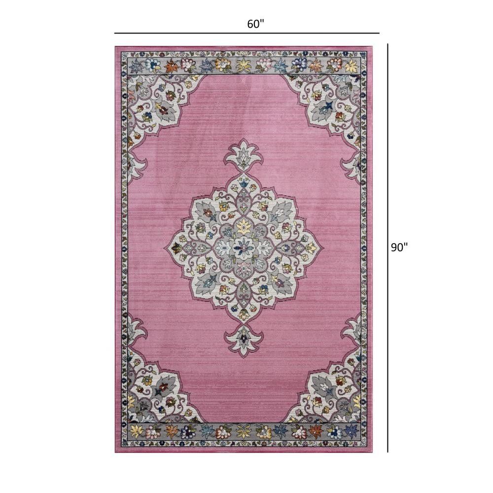 5’ x 8’ Pink Traditional Medallion Area Rug 100% Polypropylene. Picture 8