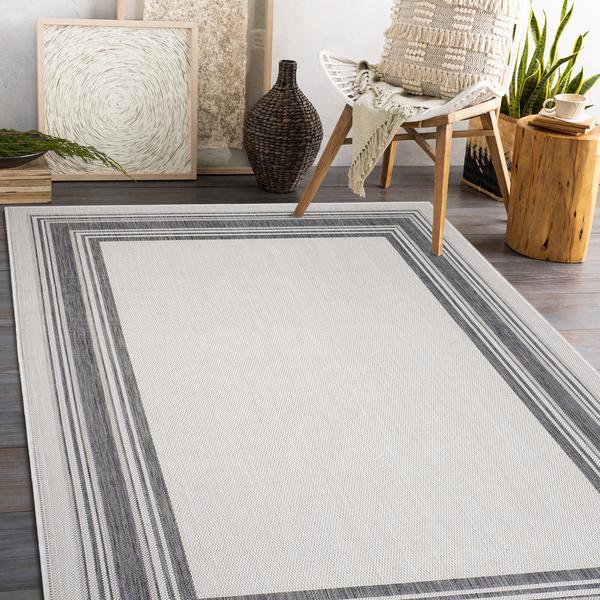 5’ x 7’ Gray Framed Indoor Outdoor Area Rug White/Cream/Gray. Picture 5