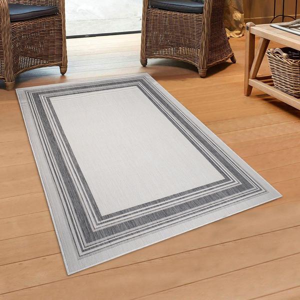 5’ x 7’ Gray Framed Indoor Outdoor Area Rug White/Cream/Gray. Picture 6