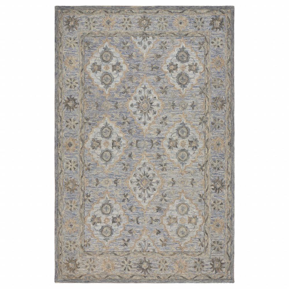 5’ x 8’ Blue and Tan Traditional Area Rug Blue. Picture 1