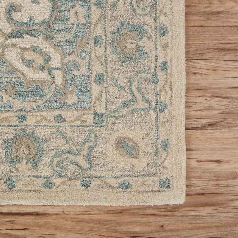 5’ x 8’ Turquoise and Cream Medallion Area Rug Blue/Green/Gray. Picture 7