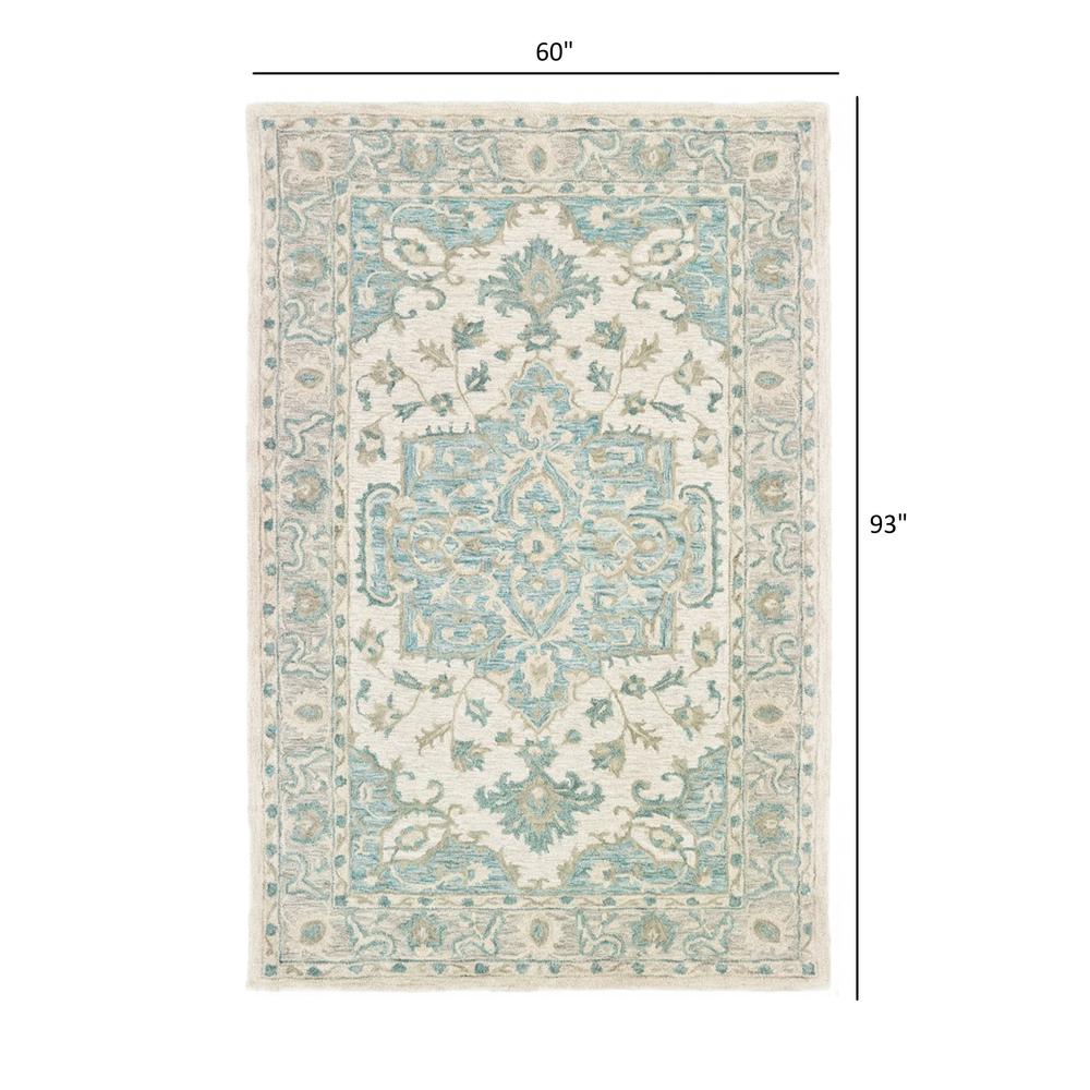 5’ x 8’ Turquoise and Cream Medallion Area Rug Blue/Green/Gray. Picture 9