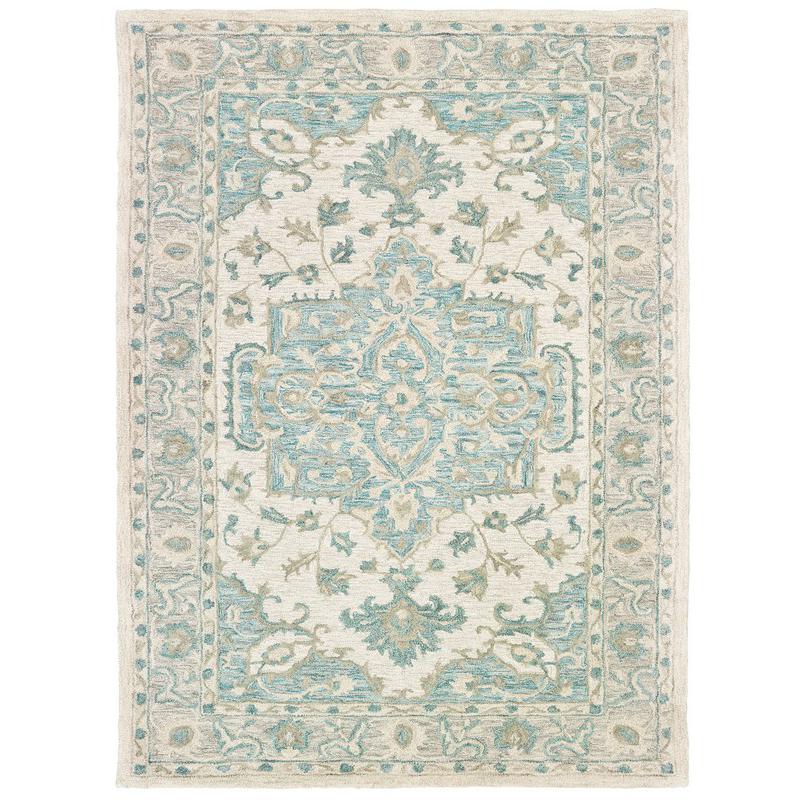 5’ x 8’ Turquoise and Cream Medallion Area Rug Blue/Green/Gray. Picture 2