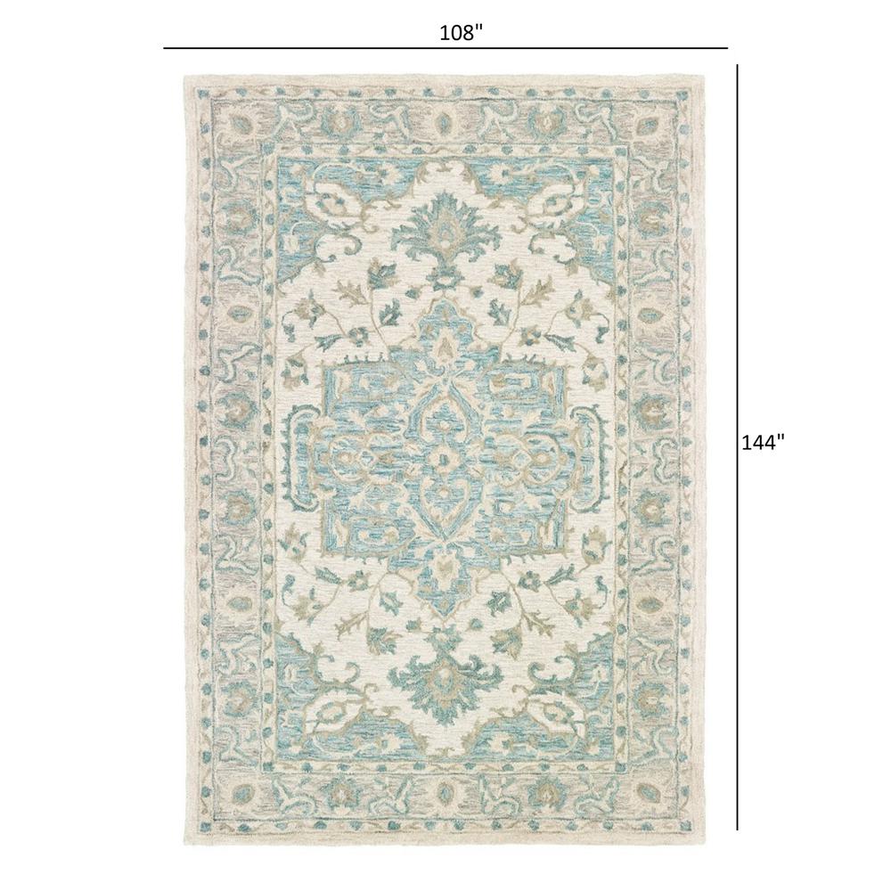 9’ x 12’ Turquoise and Cream Medallion Area Rug Blue/Green/Gray. Picture 9