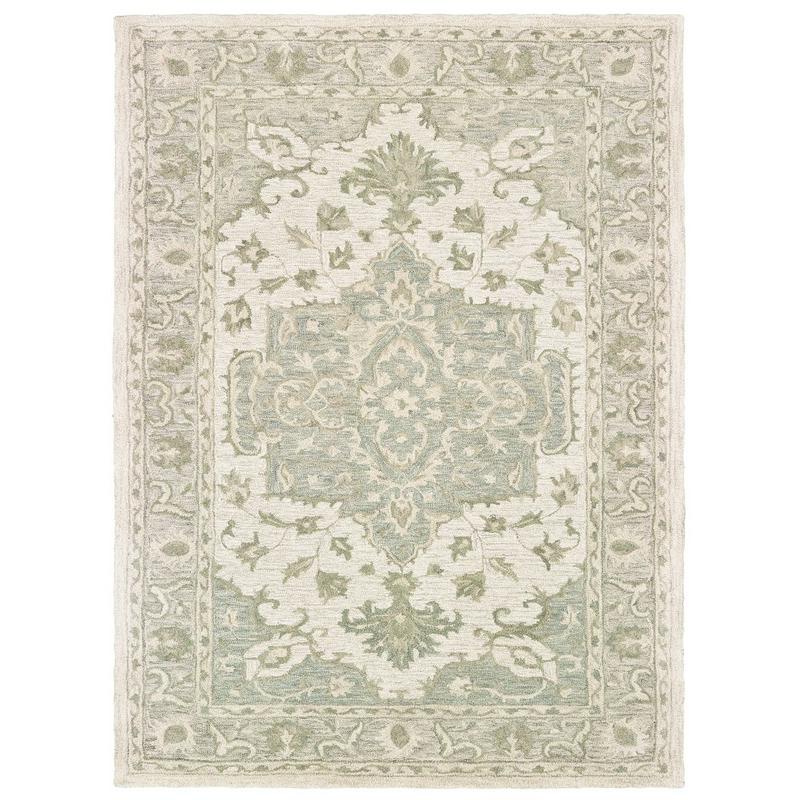 9’ x 12’ Green and Cream Medallion Area Rug Green. Picture 1