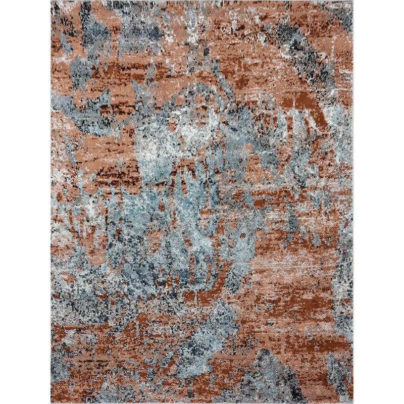 8’ x 10’ Rustic Brown Abstract Area Rug Light Gray/Light Blue/Orange/Black. Picture 1