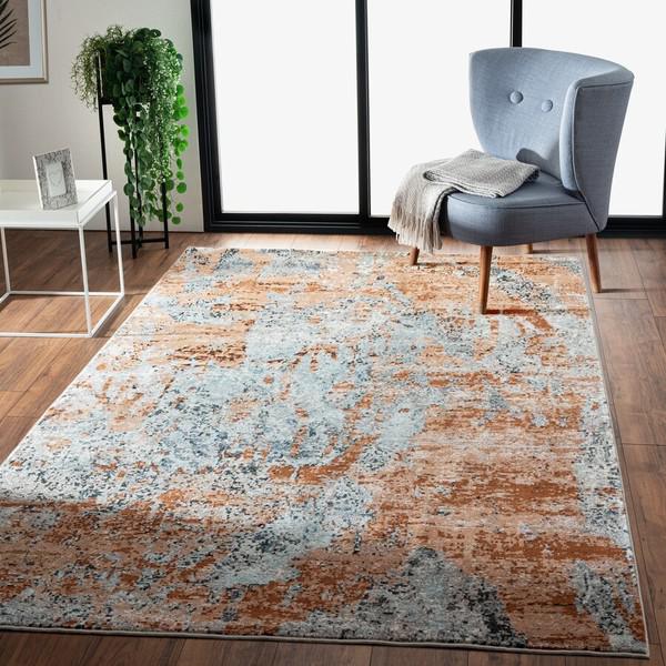 8’ x 10’ Rustic Brown Abstract Area Rug Light Gray/Light Blue/Orange/Black. Picture 7