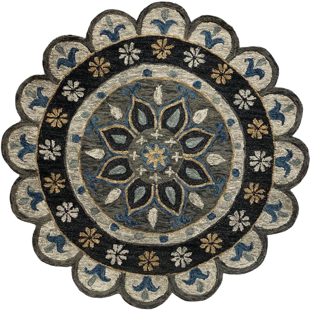 5’ Round Gray Border Floral Medallion Area Rug Gray. Picture 1