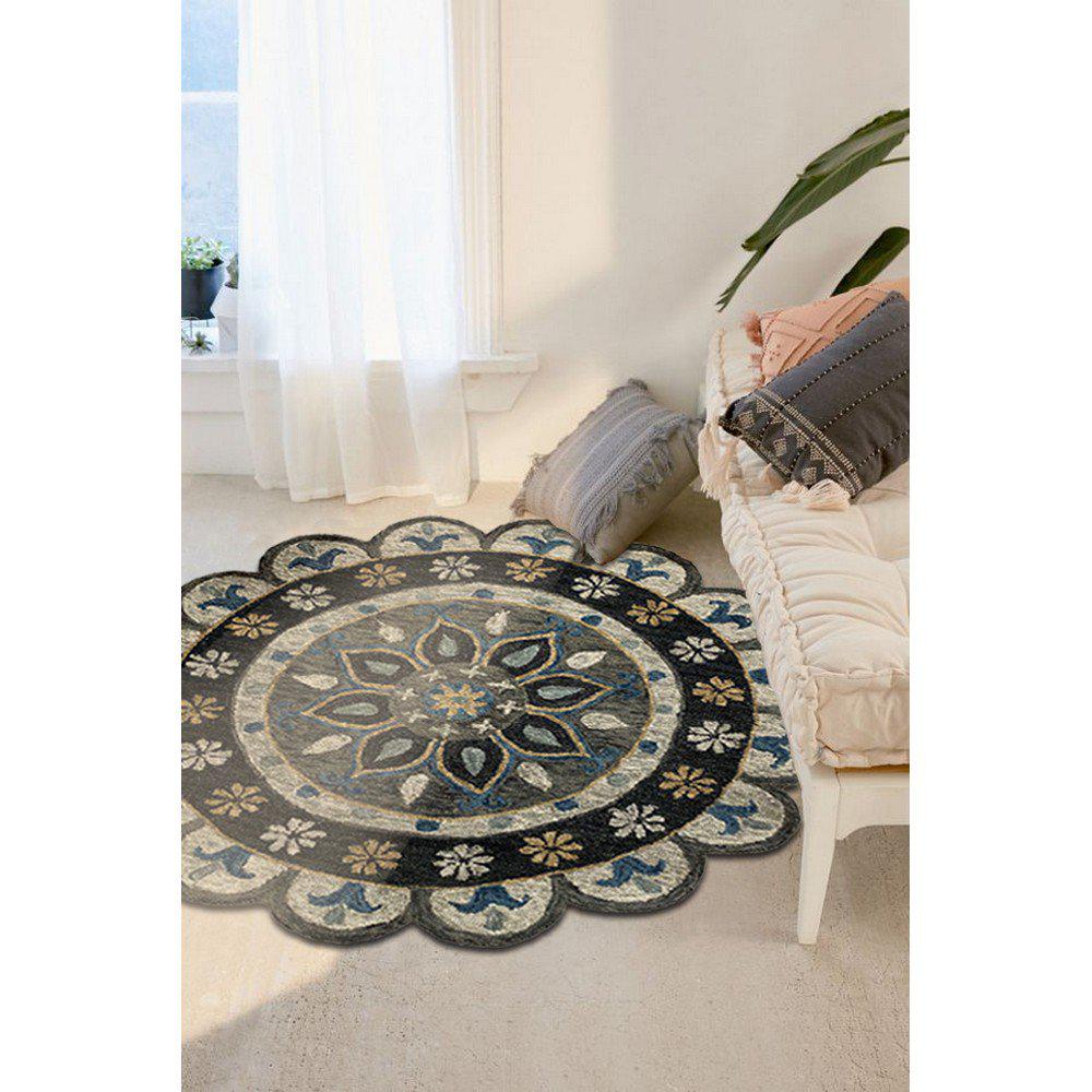 5’ Round Gray Border Floral Medallion Area Rug Gray. Picture 4