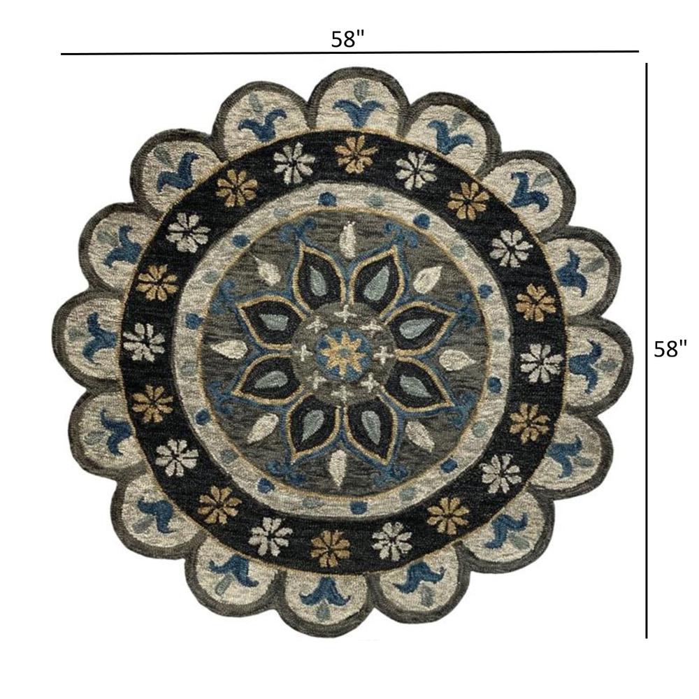 5’ Round Gray Border Floral Medallion Area Rug Gray. Picture 9