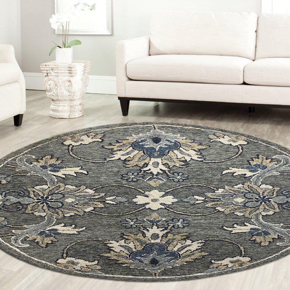 5’ Round Gray Floral FIligree Area Rug Gray. Picture 7