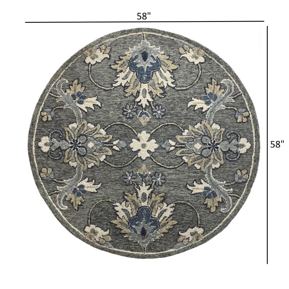 5’ Round Gray Floral FIligree Area Rug Gray. Picture 8