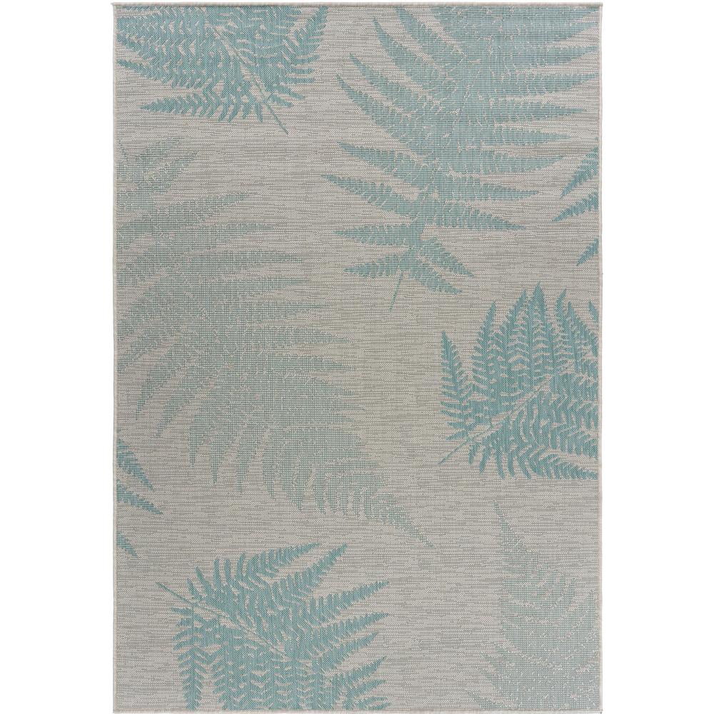 5’ x 7’ Teal Fern Leaves Indoor Outdoor Area Rug Teal/Cream. Picture 1