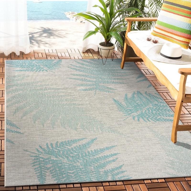 5’ x 7’ Teal Fern Leaves Indoor Outdoor Area Rug Teal/Cream. Picture 7
