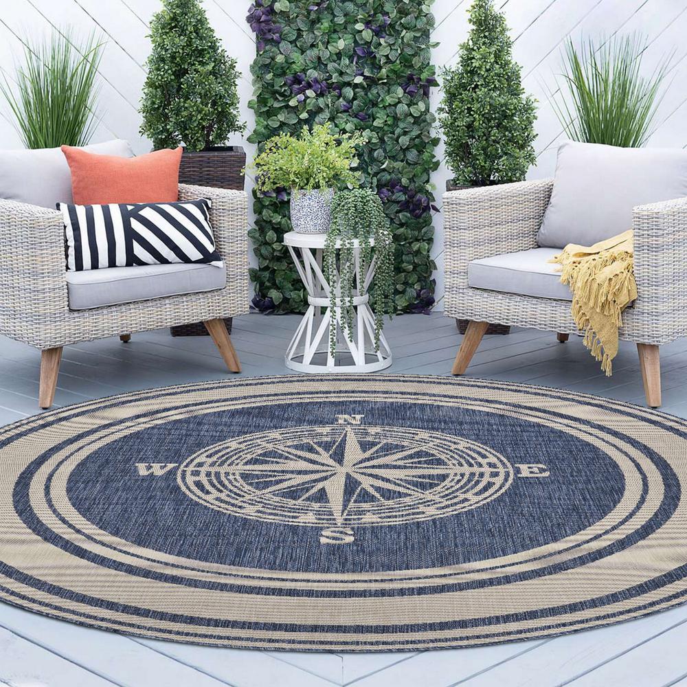 8’ Round Navy Nautical Indoor Outdoor Area Rug Blue/White. Picture 7