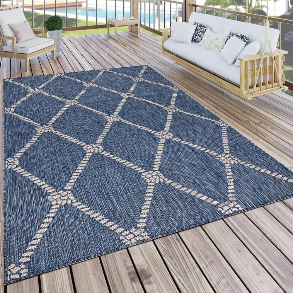 8’ x 10’ Round Navy Knot Indoor Outdoor Area Rug Blue/White. Picture 8