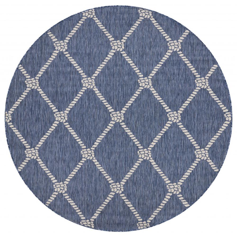 8’ Round Navy Knot Indoor Outdoor Area Rug Blue/White. Picture 1