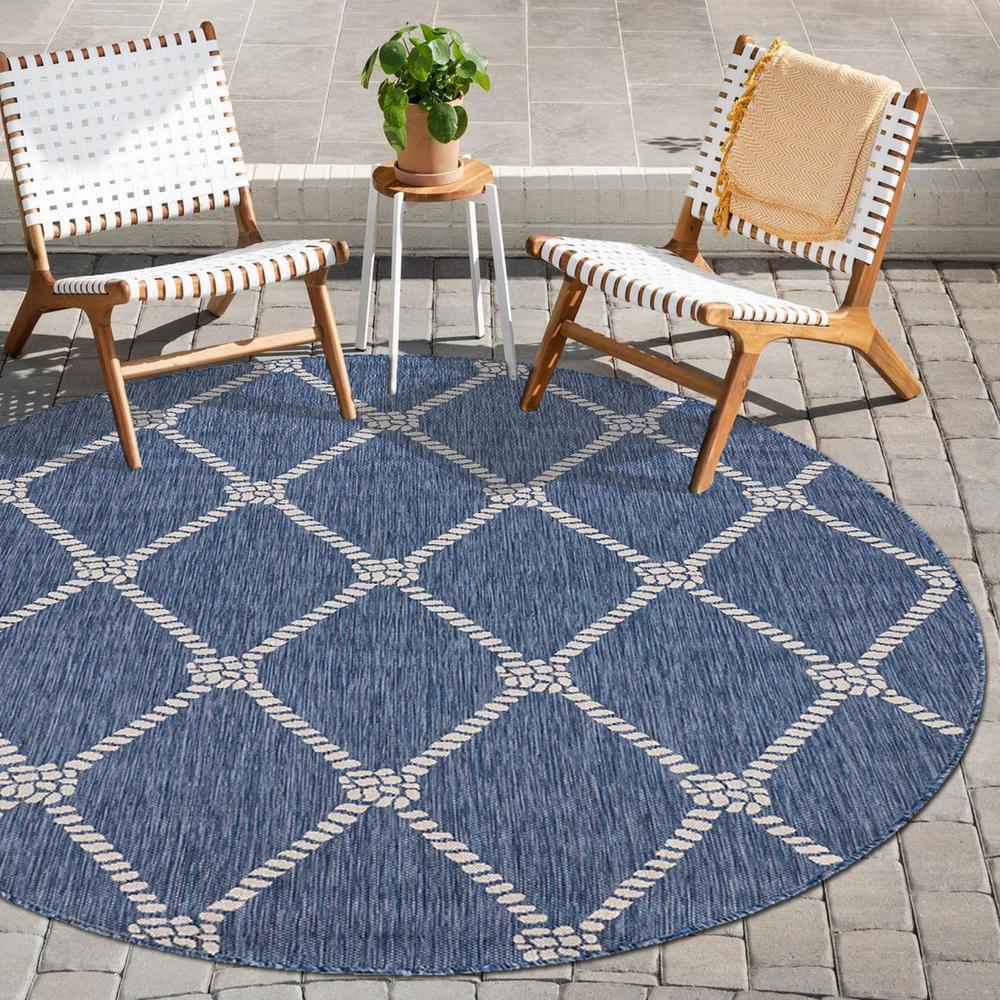 8’ Round Navy Knot Indoor Outdoor Area Rug Blue/White. Picture 7