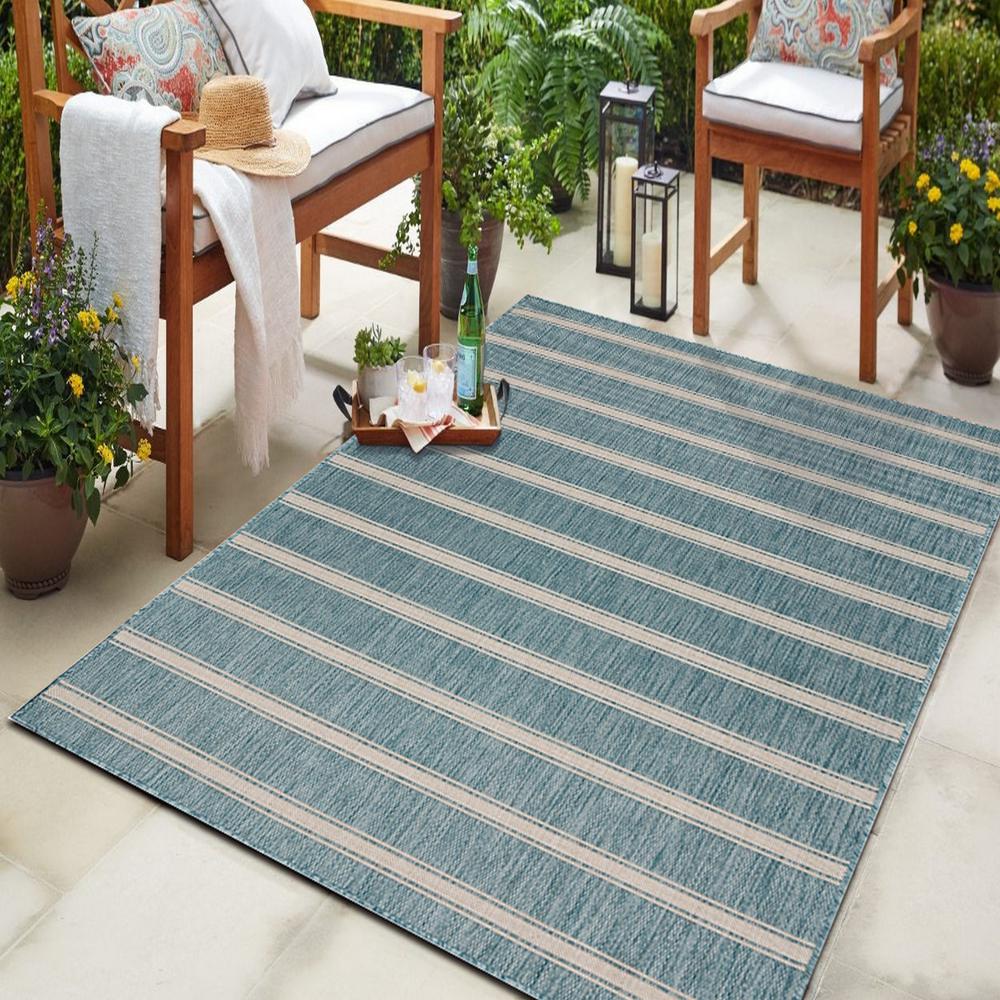 5’ x 7’ Teal Striped Indoor Outdoor Area Rug Blue/White. Picture 7