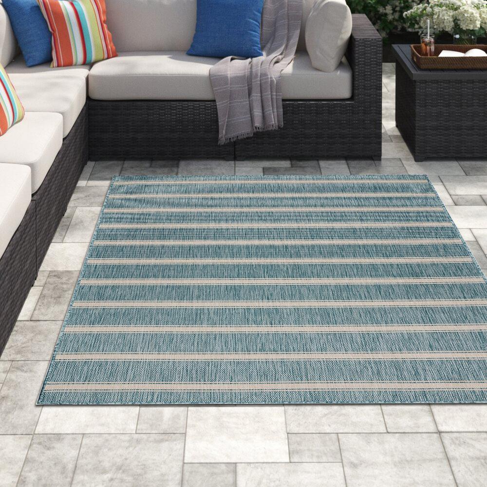 5’ x 7’ Teal Striped Indoor Outdoor Area Rug Blue/White. Picture 8