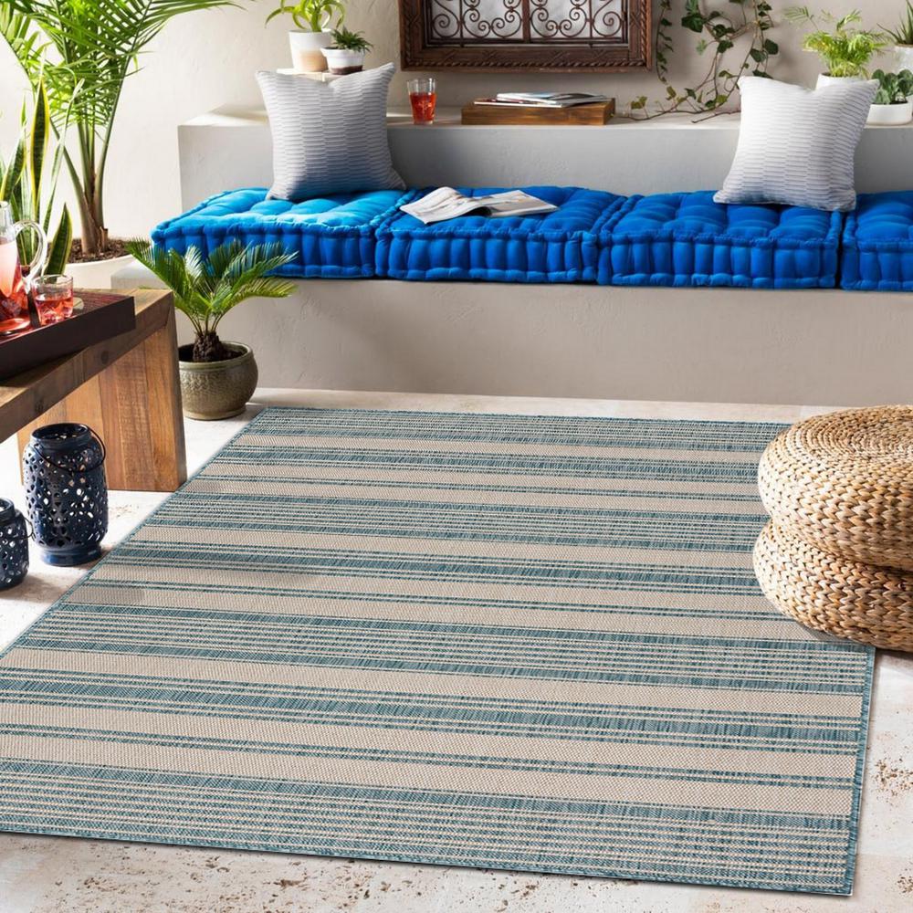 5’ x 7’ Teal Uneven Stripe Indoor Outdoor Area Rug Blue/White. Picture 7