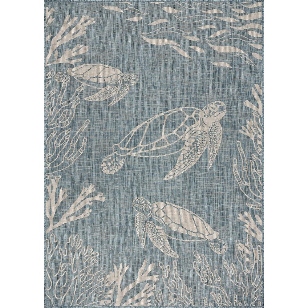5’ x 7’ Teal Turtle Indoor Outdoor Area Rug Blue/White. Picture 1
