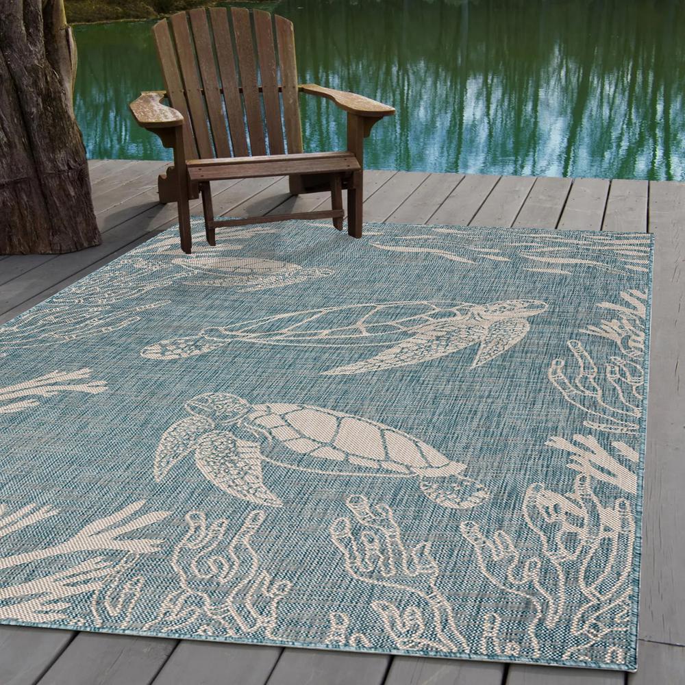5’ x 7’ Teal Turtle Indoor Outdoor Area Rug Blue/White. Picture 7