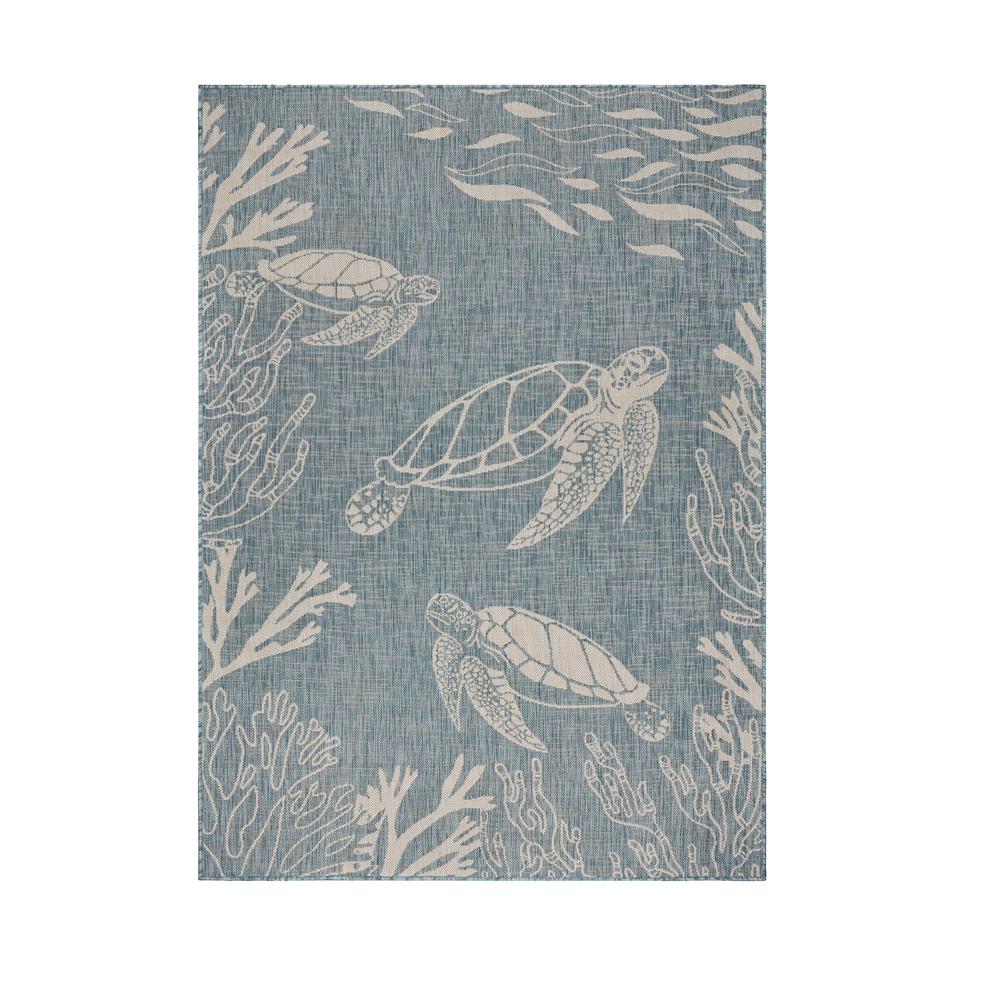 5’ x 7’ Teal Turtle Indoor Outdoor Area Rug Blue/White. Picture 9