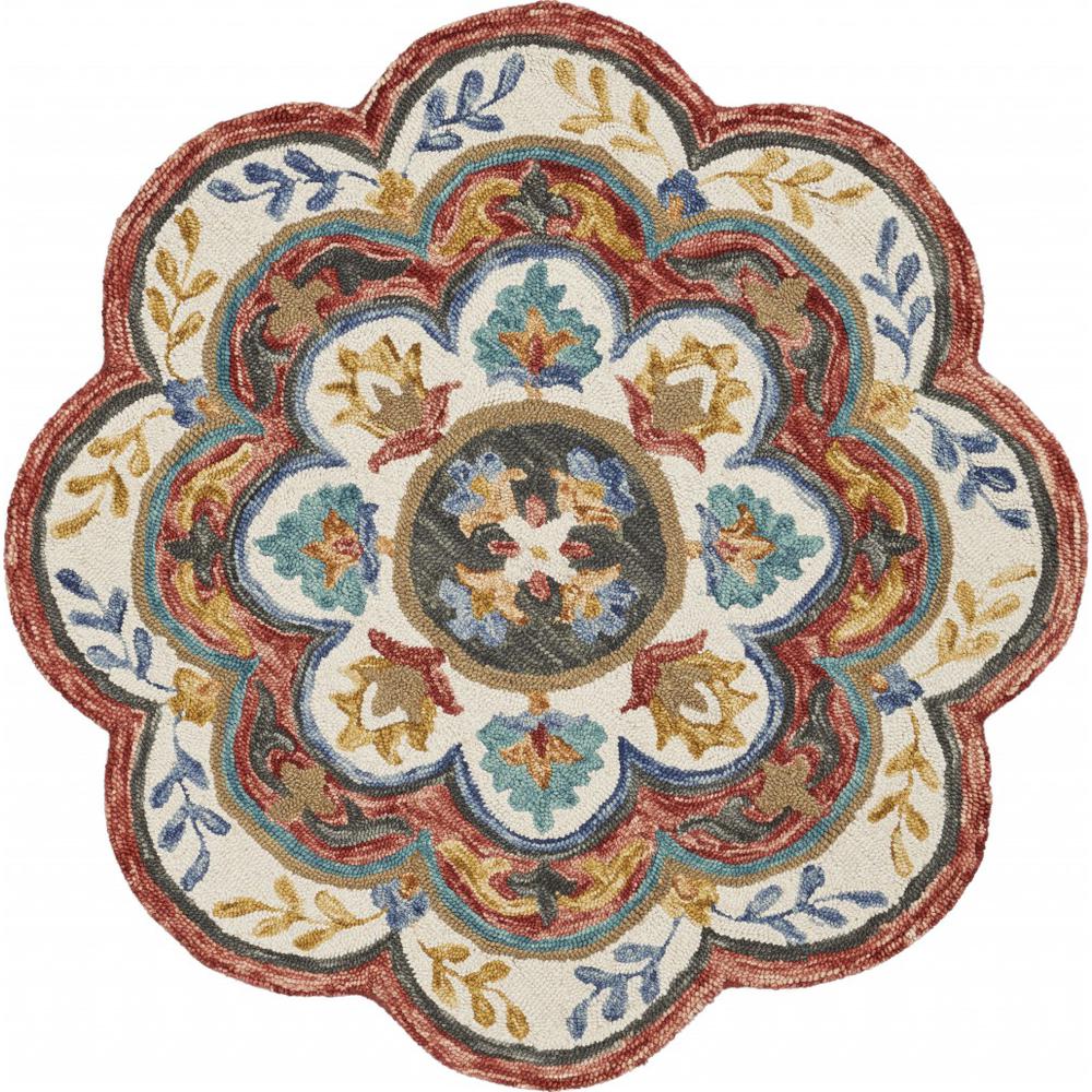 4’ Round Red Layered Petals Area Rug Red. Picture 1
