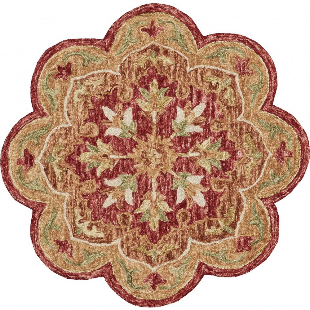 6’ Round Rustic Red Scalloped Edge Area Rug Red. Picture 1