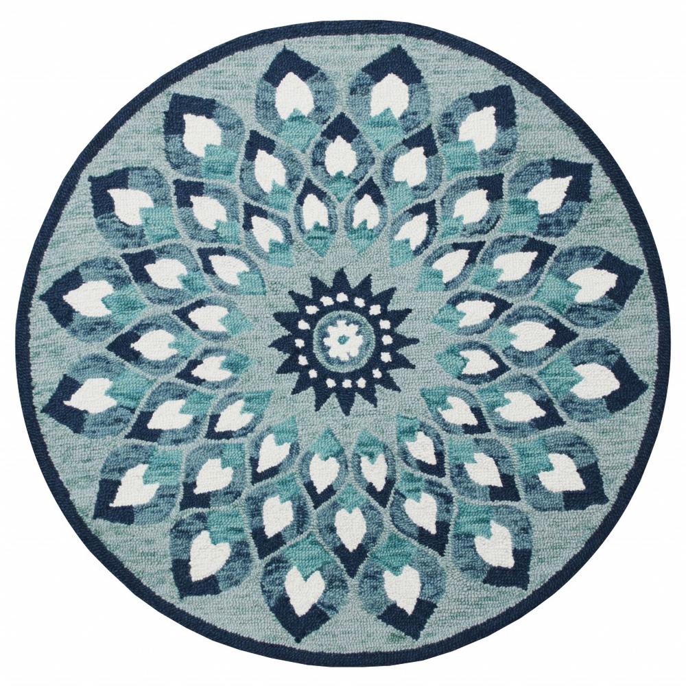 4’ Round Blue and White Floral Feather Area Rug Blue/White. Picture 1