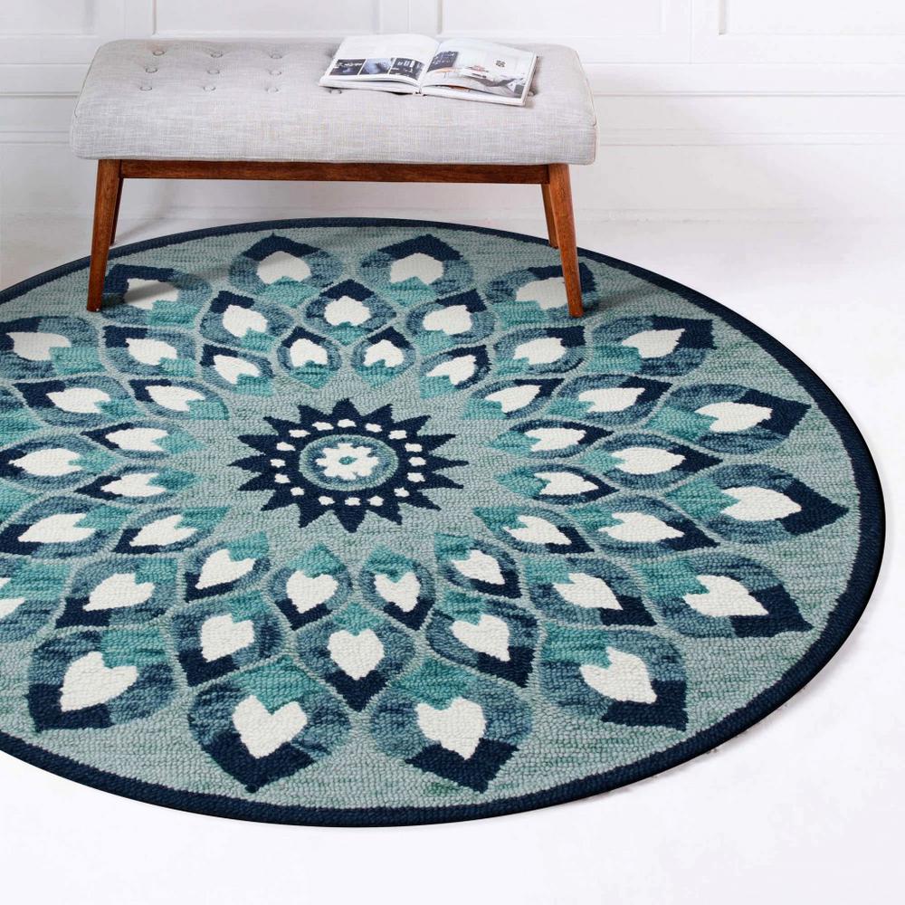 6’ Round Blue and White Floral Feathers Area Rug Blue/White. Picture 7