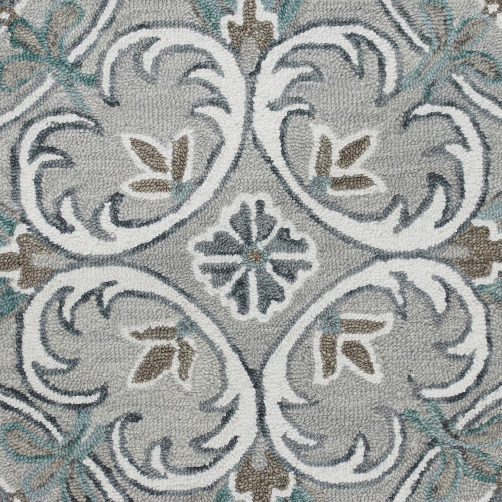 4’ Round Gray and White Filigree Area Rug Taupe/Gray/Blue/White. Picture 2