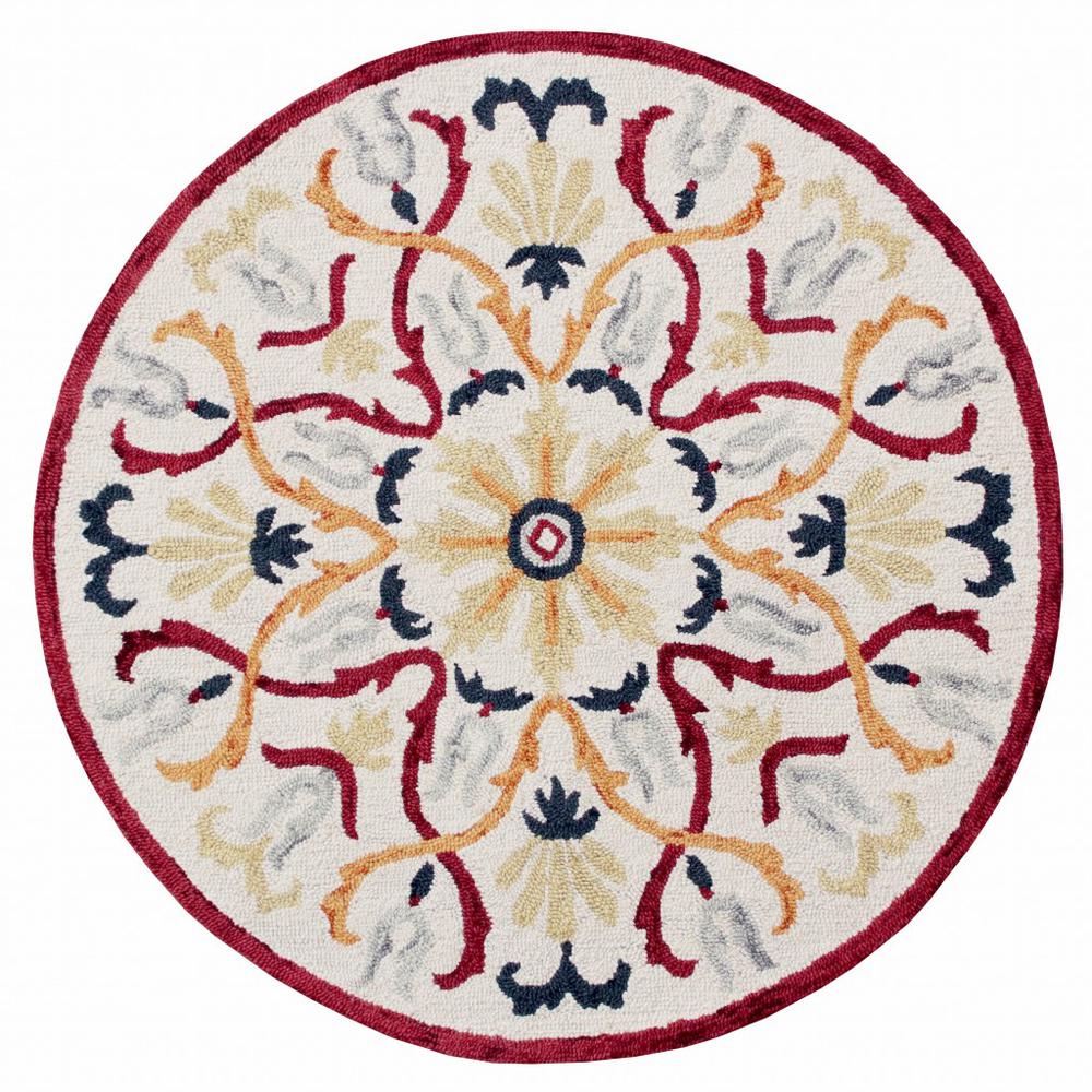 4’ Round Red and Ivory Floral Filigree Area Rug Multi. Picture 1