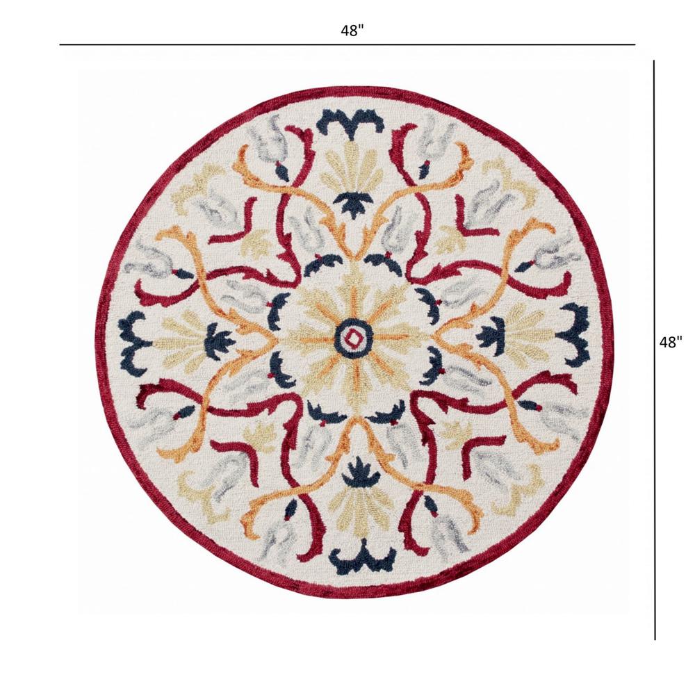 4’ Round Red and Ivory Floral Filigree Area Rug Multi. Picture 8